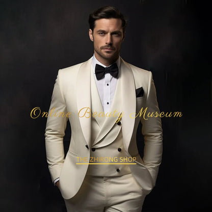 Elegant White  Tuxedo Suit for Men 3 piece set Jacket Vest Pants Classic Attire for Wedding Dating Host Prom Ball Party