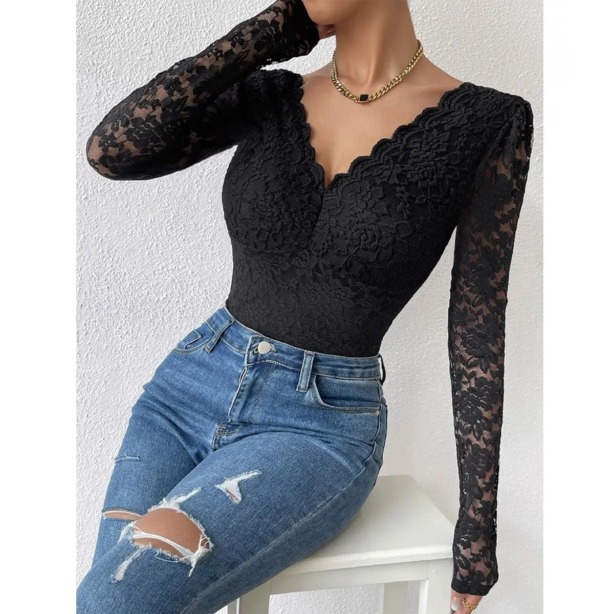 Women Floral Lace Scallop Trim Teddy Bodysuit Long Sleeve V Neck Slimming Body Shaper Sexy Night Club Party Leotards Tops