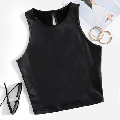 PU Leather Tank Tops Women Sexy Black Bustiers Deep V-Neck Spaghetti Strap Corset Vest Nightclub Cropped Tops Women Vest