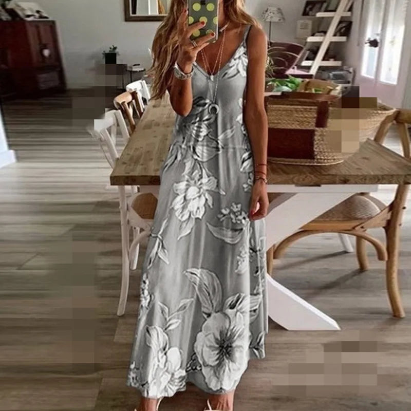 Women Green Floral Print V-Neck Long Dresses Casual Bohemian Sleeveless Women Beach Party Dress