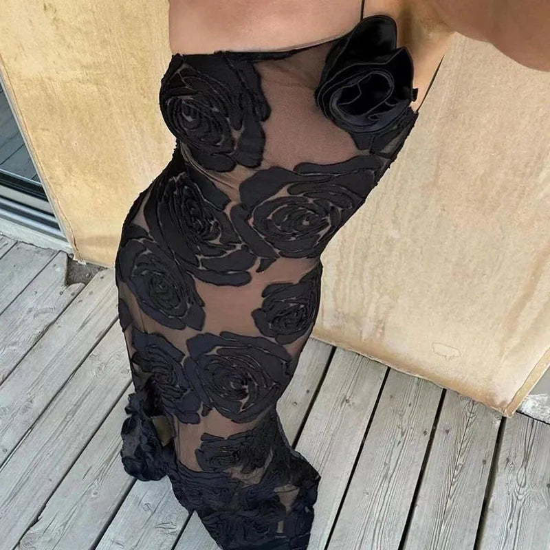 Women Elegant Diagonal Collar Evening Dress Fashion Flower Print Slim Bodycon Dress Sexy Sleeveless Halter Shoulder Long Dresses