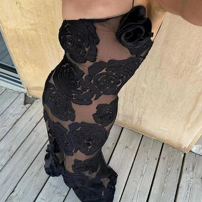 Women Elegant Diagonal Collar Evening Dress Fashion Flower Print Slim Bodycon Dress Sexy Sleeveless Halter Shoulder Long Dresses