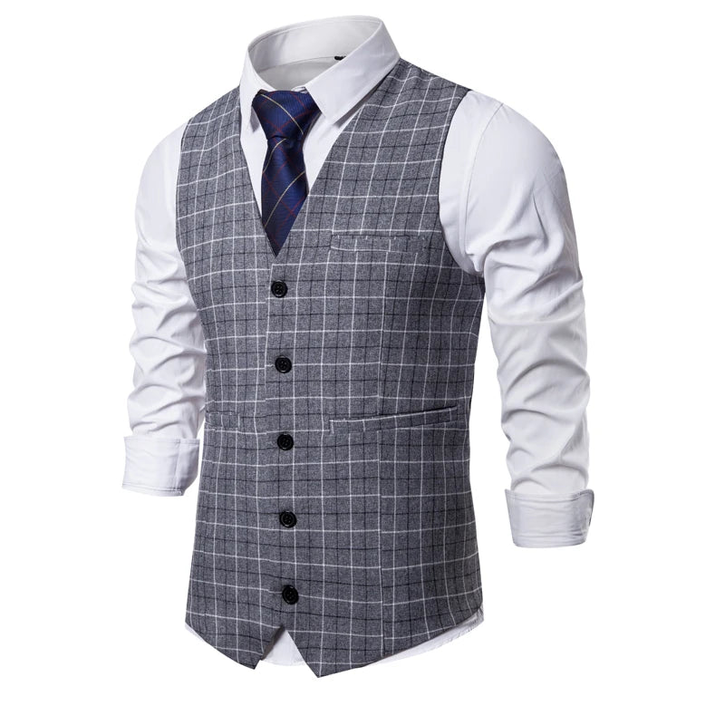 Plaid Striped Vest Men Business Wedding Party Tops Fashion European Style Formal Casual Clothing Homme  Size 3XL-S