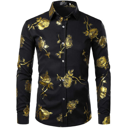 Men's Gold Shirt 3D Rose Print Slim Fit Button-Down Party Dress Shirt Athleisure Fashion Comfortable Long Sleeve