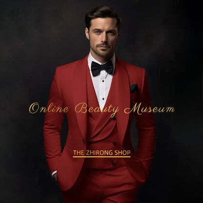 Elegant Burgundy Tuxedo Suit for Men 3 piece set Jacket Vest Pants Classic Attire for Wedding Dating Host Prom Ball Party