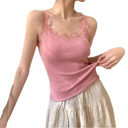 Floral Lace Camisole with Chest Cushion Slim Fit Solid Color Tank Tops Summer Sweet All-match Soft Comfy Vest Top