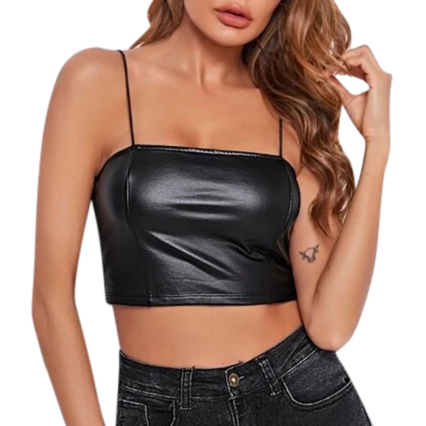 Glitter Strappy Tank Top Women Pu Leather Gothic Top Summer Sleeveless Sexy Camisole Ladies Black Vest Bodycon Crop Tops YJ