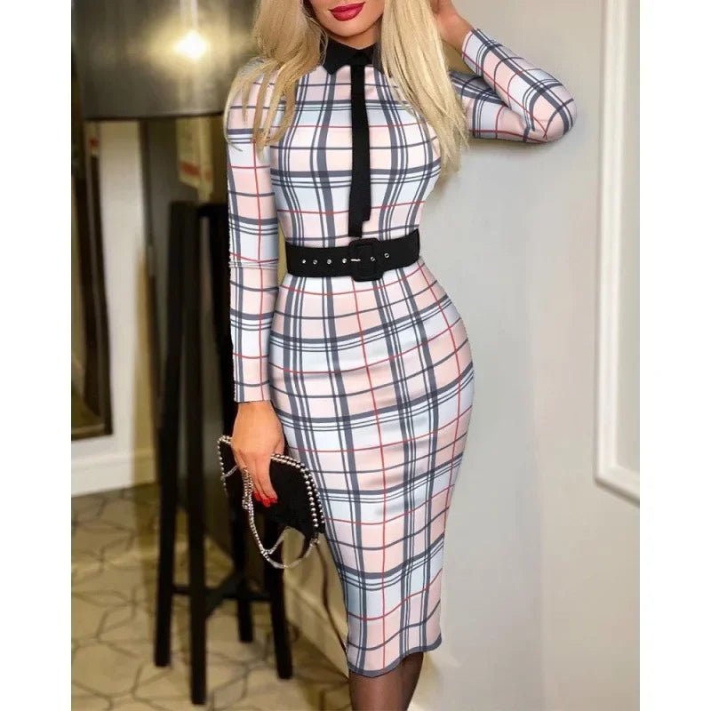 Office Lady Vintage Print Long Sleeve Belt Slim Bodycon Dress Women Summer New Elegant Fashion Commute Dresses