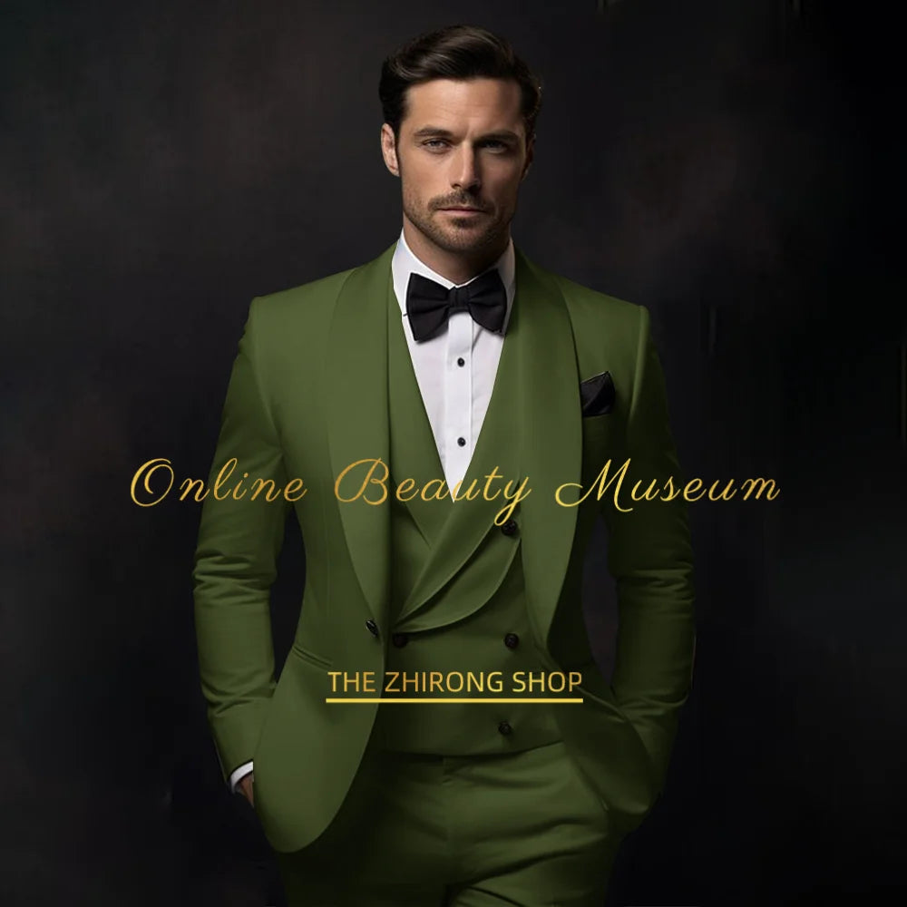 Elegant Biege Tuxedo Suit for Men 3 piece set Jacket Vest Pants Classic Attire for Wedding Dating Host Prom Ball Party