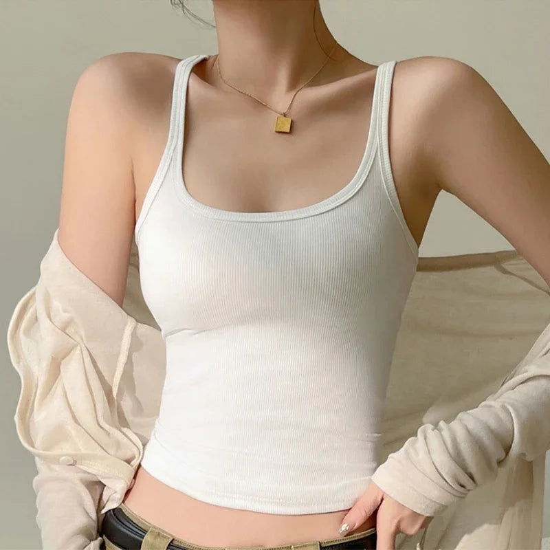 Women Summer Cotton Sexy Inner Square Neck Tank Top Versatile Slim Knit Basic Crop Top Off Shoulder Simple Elastic Bottom Shirt