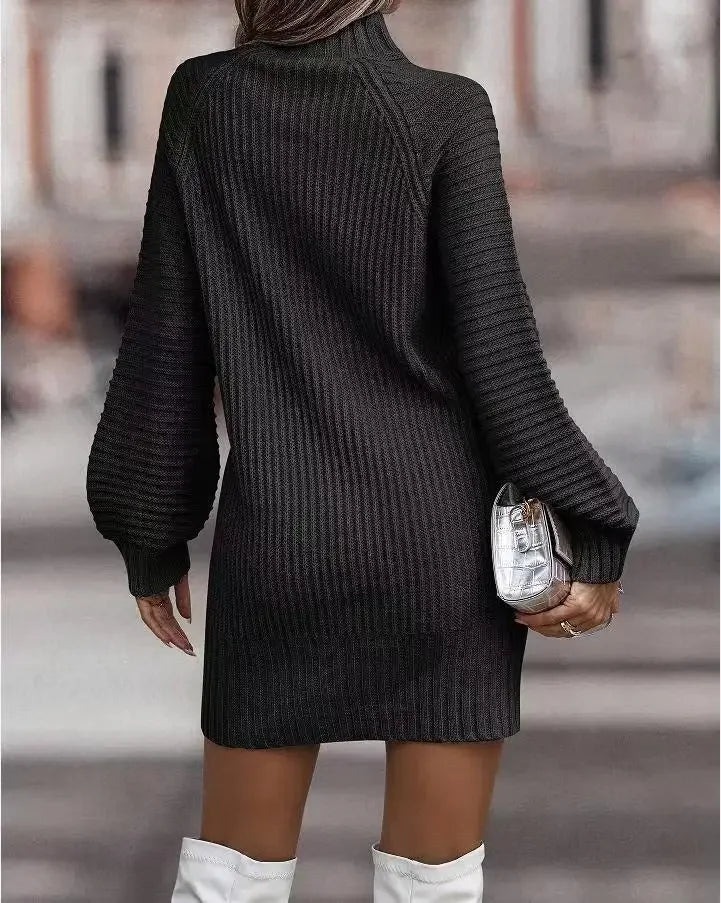 High Collar Long Sleeve Knitted Sweater Dress, Casual Dresses, Monochromatic, New Fashion, Autumn and Winter