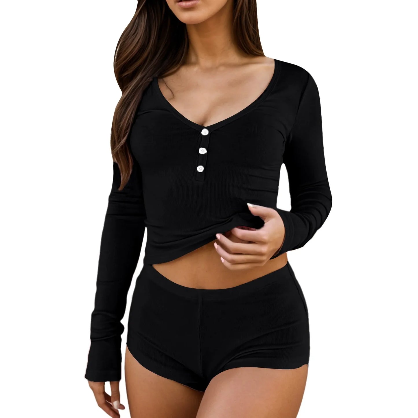 Women Long Sleeve Tops And Shorts Suit Slim Fit Casual Sleep Shirt Shorts Set Casual Solid Color Lightweight Comfy Nightshirt