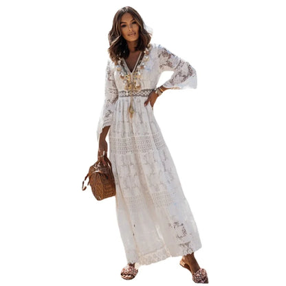 Women Flare Sleeve White Hollow Out Beach Bohemian Maxi Dresses Robe Lady V-neck Wrist Summer Evening Dress