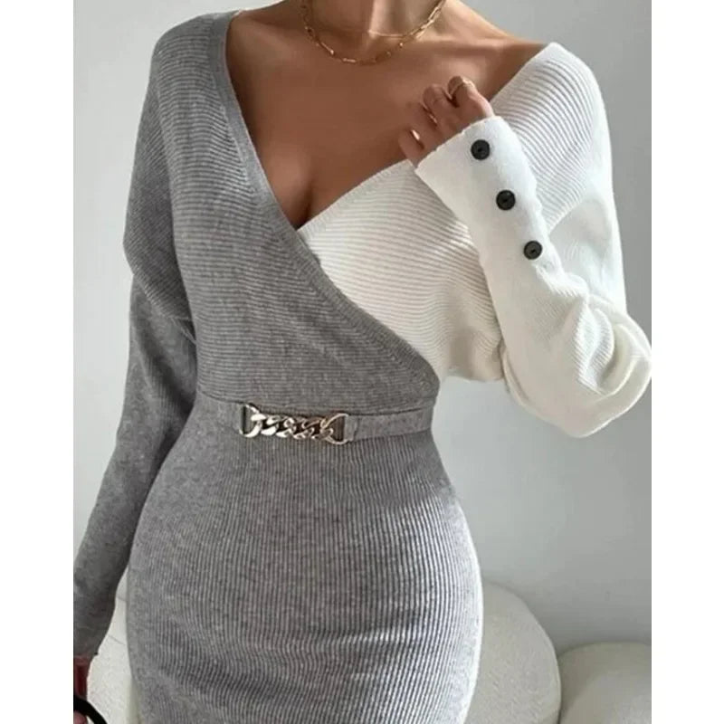 Sweater Dresses High Waist Button Decor Trend Sheath Sexy Dress Women Long Sleeve V-neck Mid-Length Long Sleeve Knit Midi Dress