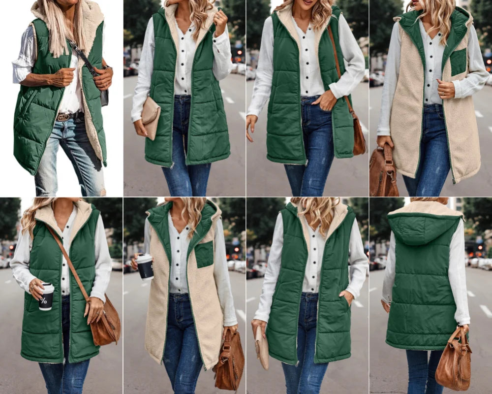 Winter Women's Vest Fleece Hooded Reversible Sleeveless Women's Jacket Faux Wool Vest Fashion Street Women's Clothing S-5XL