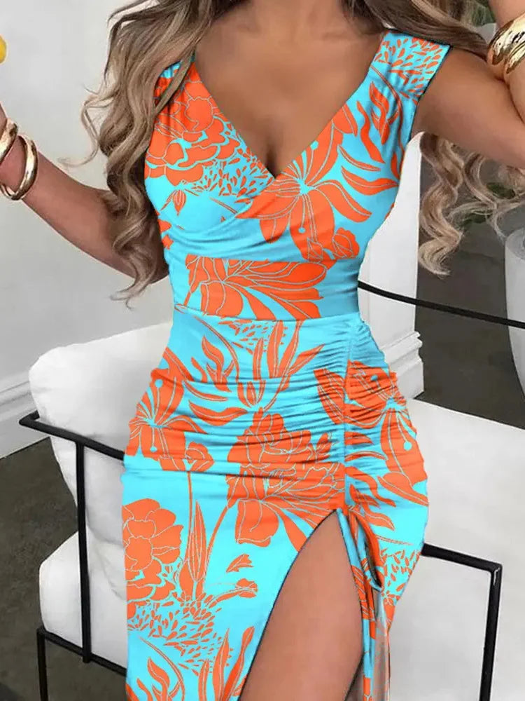 Women Elegant Spring High Split Party Dress Office Lady V Neck Slim Mid Dress Sleeveless Summer Casual Dress