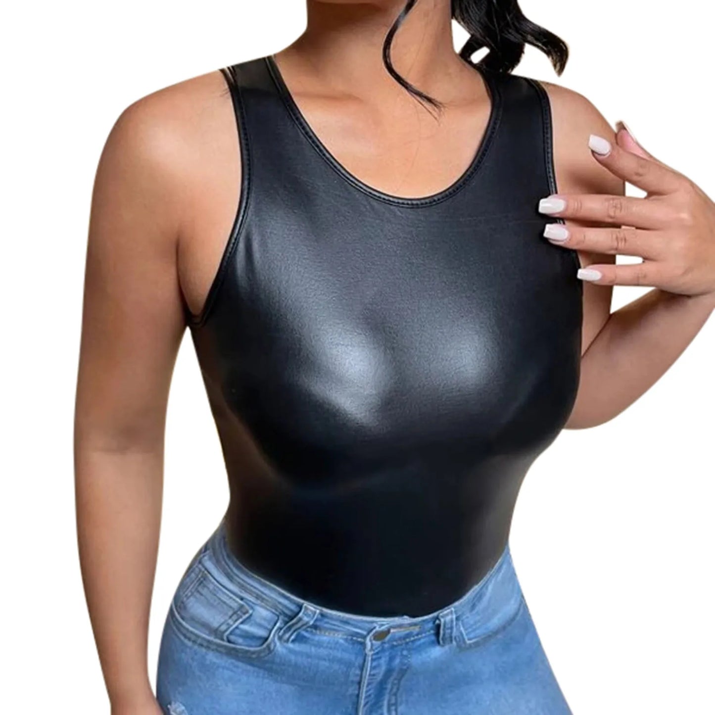 Glitter Strappy Tank Top Women Pu Leather Gothic Top Summer Sleeveless Sexy Camisole Ladies Black Vest Bodycon Crop Tops YJ