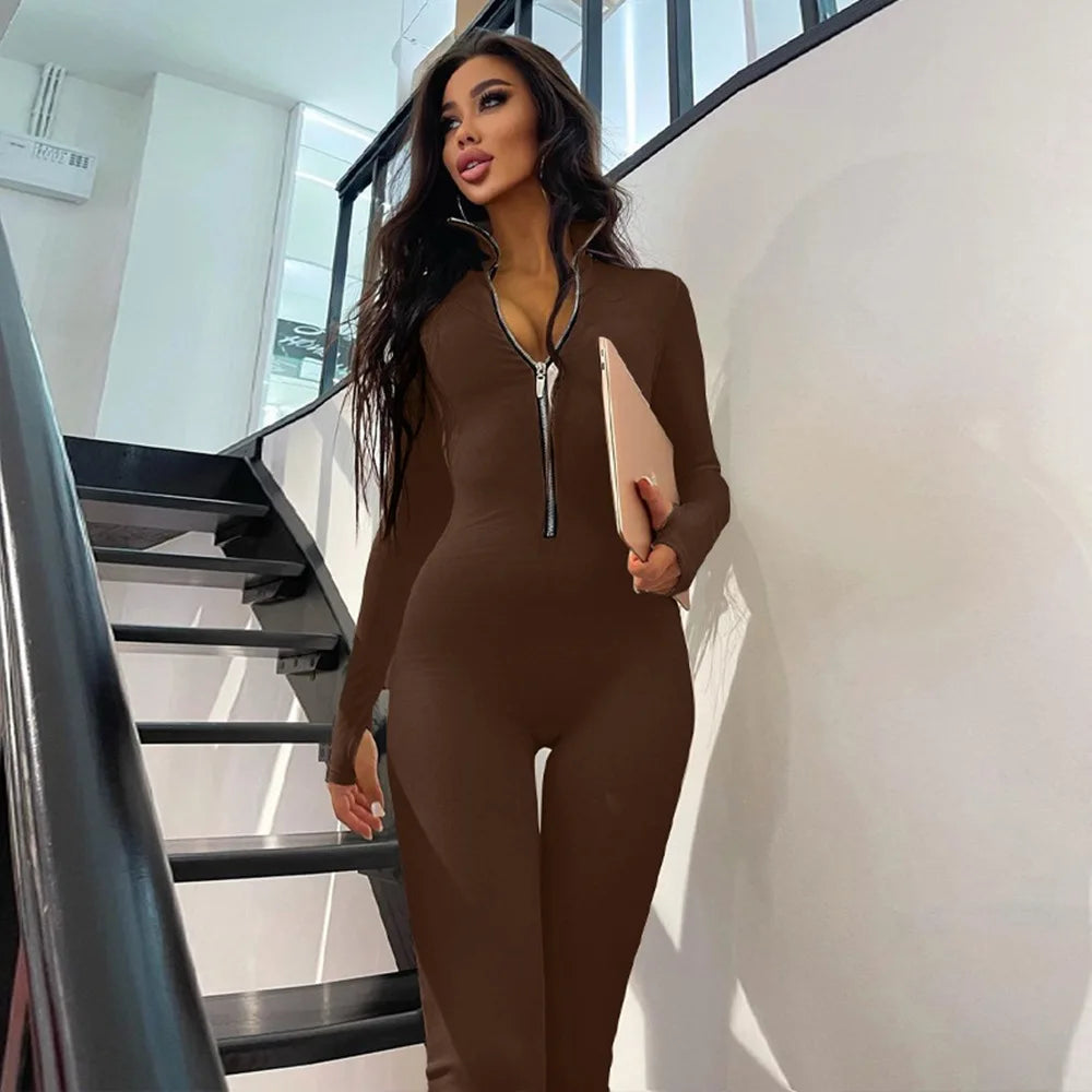 Women's Clothing Long-sleeved Autumn and Winter Jumpsuit Long Metal Zipper Slim-fit Sports Jumpsuit