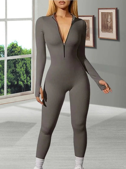 Hot Selling Women's Yoga Jumpsuit Exercise Ribbed Long Sleeved Front Zipper Sports Jumpsuit