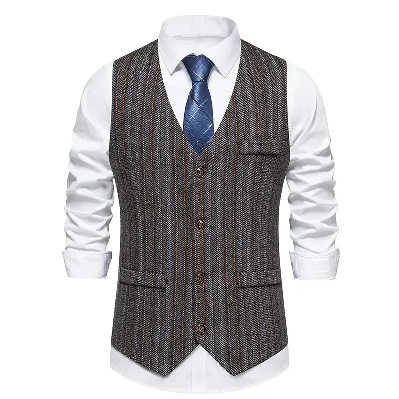 Men's Retro Herringbone V-neck Suit Vests Fashion Formal Slim Fit Business Waistcoat Wedding Tuxedo