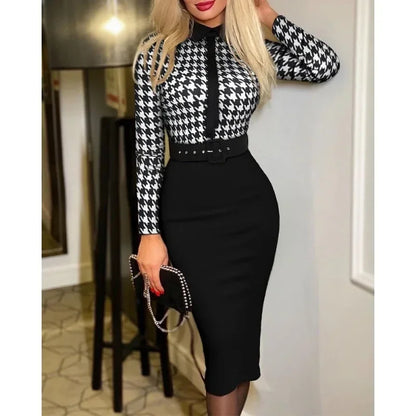 Office Lady Vintage Print Long Sleeve Belt Slim Bodycon Dress Women Summer New Elegant Fashion Commute Dresses