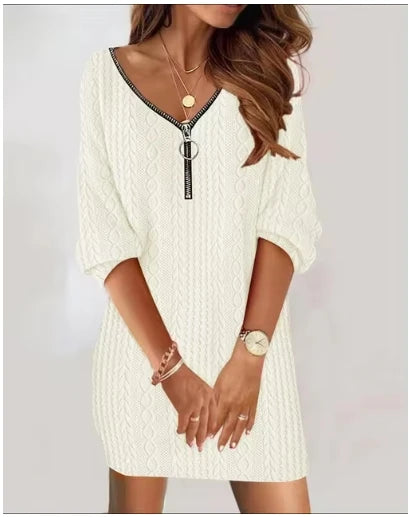 Sexy Zipper Mini Dress Women Winter Autumn V Neck Long Sleeve Dresses Solid Color Casual Basic Robe