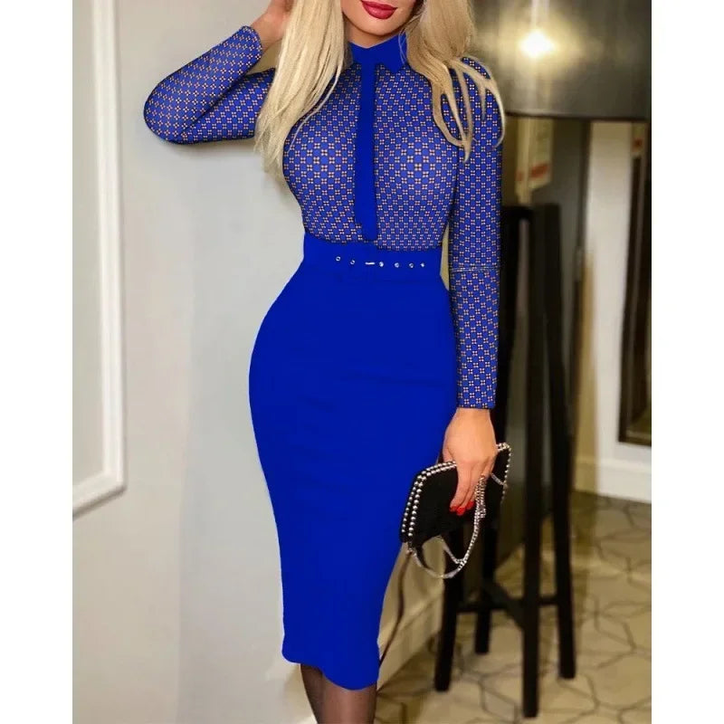 Office Lady Vintage Print Long Sleeve Belt Slim Bodycon Dress Women Summer New Elegant Fashion Commute Dresses