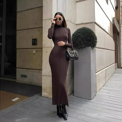 Long Sleeve Knitted Dress Women Elegant Turtleneck Slim Maxi Sweater Dresses Autumn Winter Casual Solid Basic Party Dress 2024