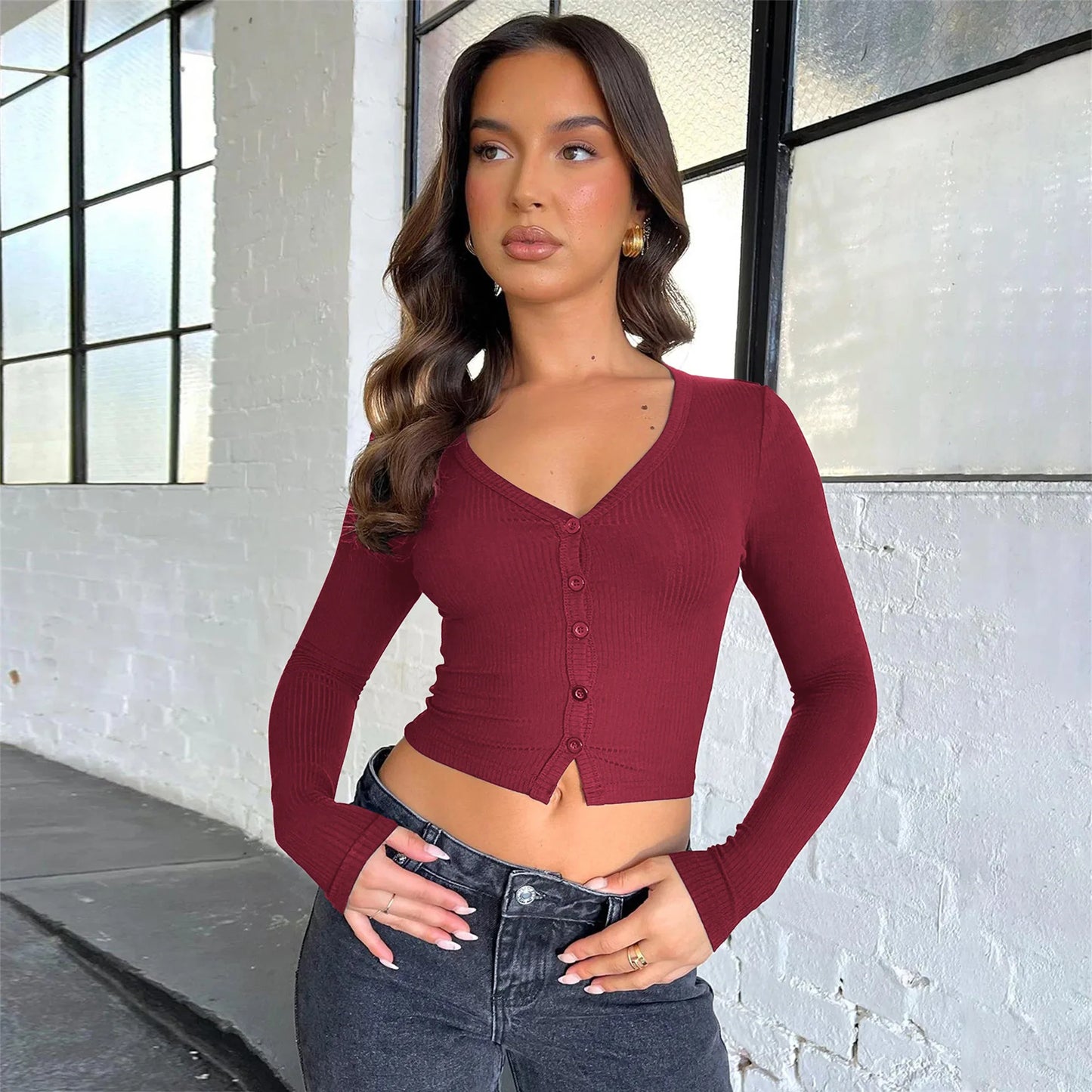 Hot Selling European and American Women's Threaded Button Cardigan Shoulder T-shirt New Female Style Crop Top with Exposed