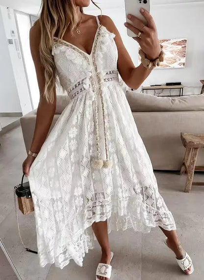 Elegant Dress 2024 Summer New V-neck Lace Hanging Strap Large Swing Solid Color Long Dress For Evening Party