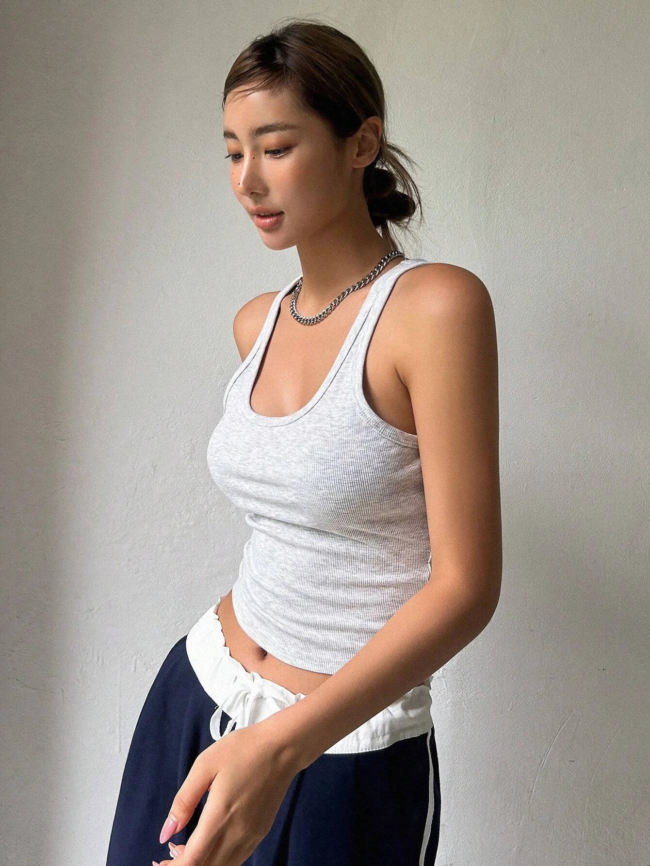 Solid Color Crop Fashion Street Women Square Collar Wide Straps Fitness Tank Top Camisole Breathable Cool Summer Tops  Female