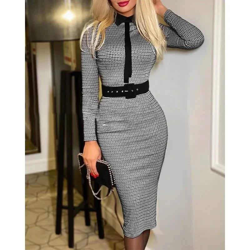 Office Lady Vintage Print Long Sleeve Belt Slim Bodycon Dress Women Summer New Elegant Fashion Commute Dresses