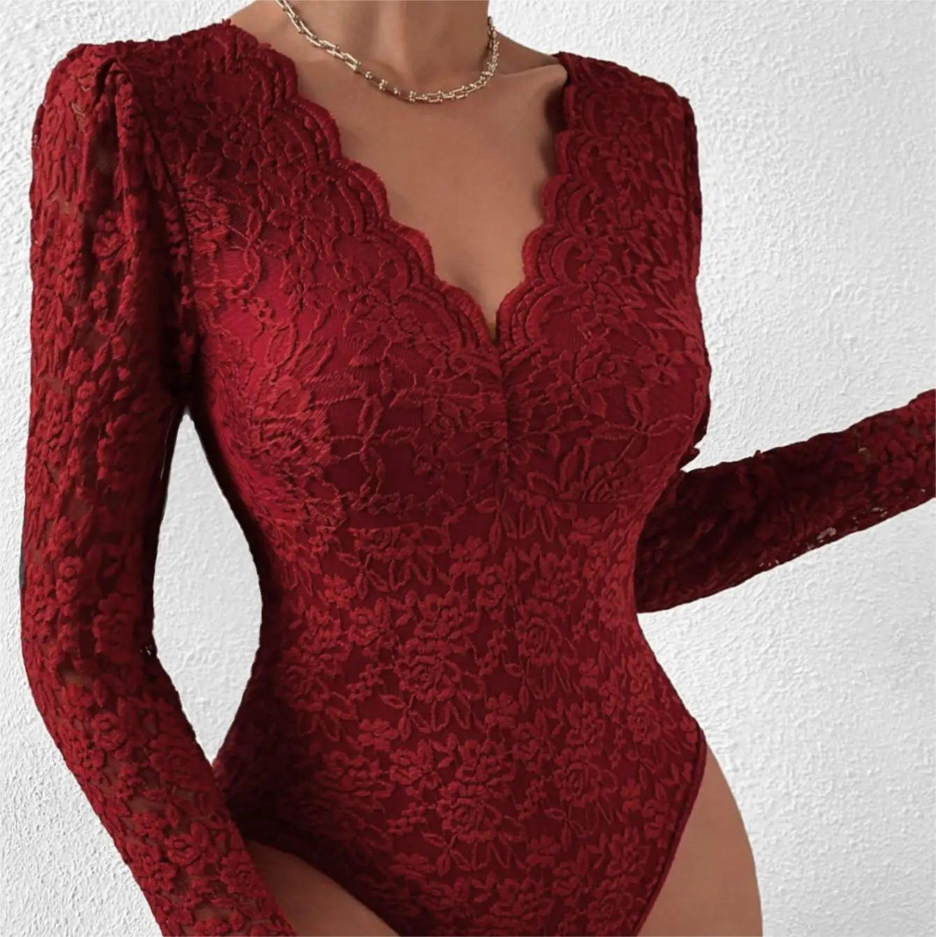 Women Floral Lace Scallop Trim Teddy Bodysuit Long Sleeve V Neck Slimming Body Shaper Sexy Night Club Party Leotards Tops