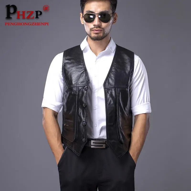 Large piece of Genuine Leather Men's Fit Real Cowhide Leather Waistcoat Vest sleeveless jacket