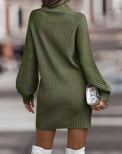 High Collar Long Sleeve Knitted Sweater Dress, Casual Dresses, Monochromatic, New Fashion, Autumn and Winter