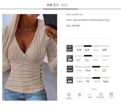 Fashion Fall and Winter Women's Clothing Deep V Sexy Silm Slimming Stripes Button Ruched Sunken Stripe Long Sleeves T-shirt Knitting Bottoming Shirt