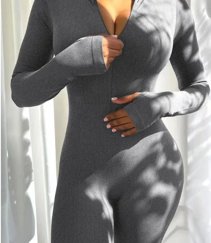 Hot Selling Women's Yoga Jumpsuit Exercise Ribbed Long Sleeved Front Zipper Sports Jumpsuit