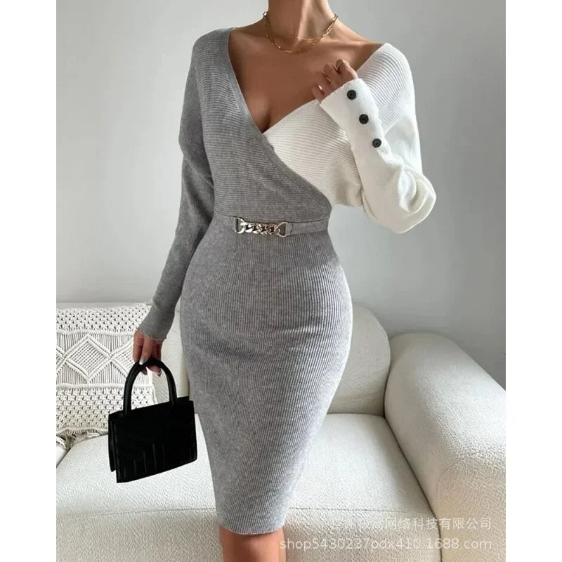 Sweater Dresses High Waist Button Decor Trend Sheath Sexy Dress Women Long Sleeve V-neck Mid-Length Long Sleeve Knit Midi Dress