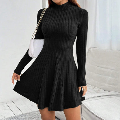 Women's Dresses Fall Winter Simple Solid Color Long Sleeve Mock Neck A Line High Waisted Flare Hem Casual Short Dresses