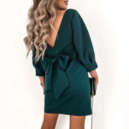 Women Solid O-Neck Princess Party Dress Spring Autumn Sexy Three Quarter Sleeve Ladies Bow Backless Streetwear