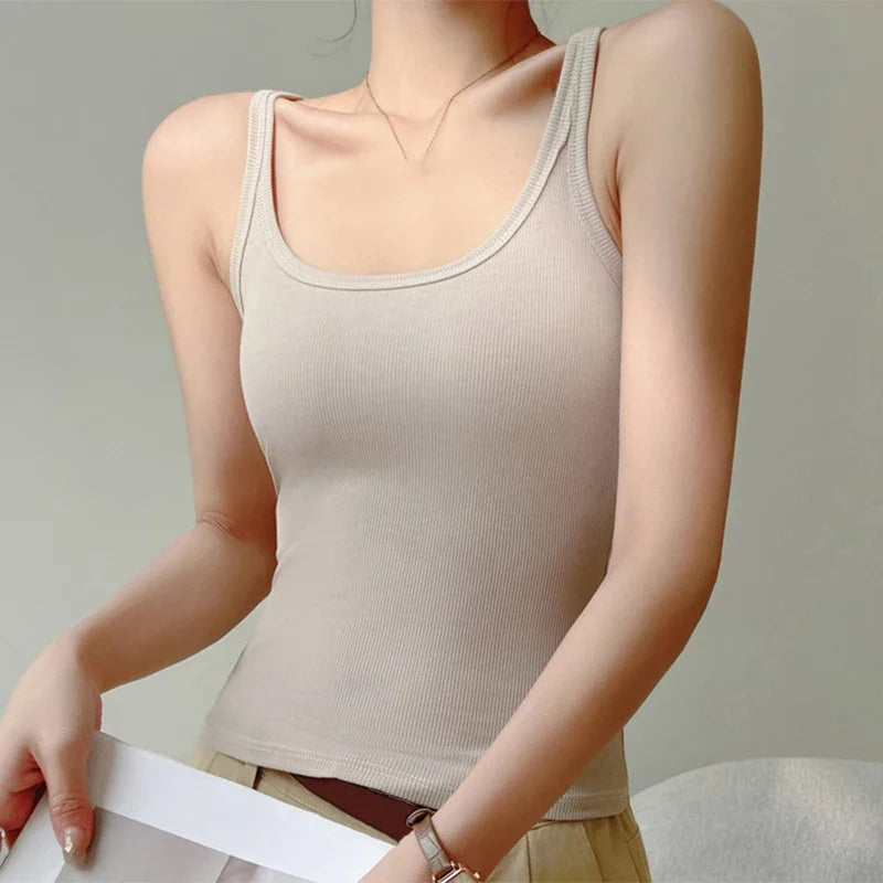 Women Summer Cotton Sexy Inner Square Neck Tank Top Versatile Slim Knit Basic Crop Top Off Shoulder Simple Elastic Bottom Shirt