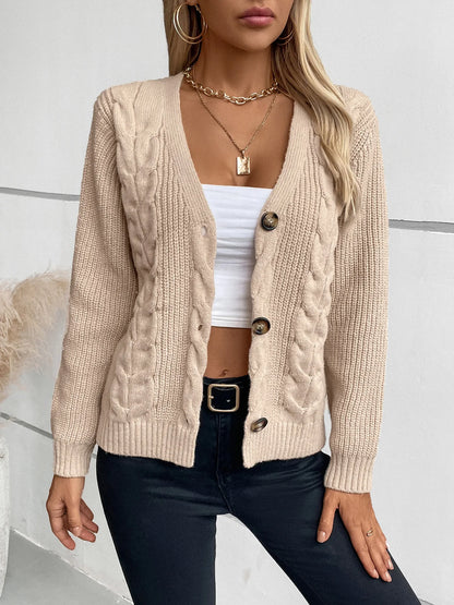 Women Solid Color Cardigan Twist Retro Jacket Single-Breasted V-Neck Knitted Sweater Casual Button Long-Sleeved