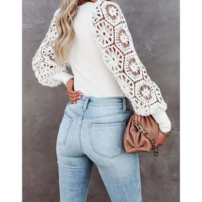 Knitted Top Spring Autumn Women's Long Sleeve Tops Knitted Sweater Hollowed Out Lace Pullover Loose Solid Color Sweater