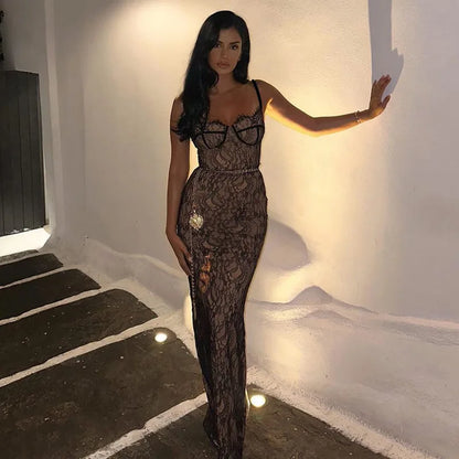 sexy lace stitching backless suspender slit long dress elegant sexy party dress club clothing