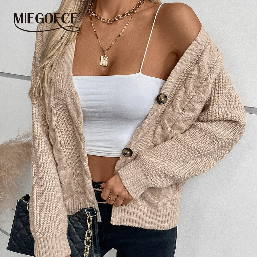 Women Solid Color Cardigan Twist Retro Jacket Single-Breasted V-Neck Knitted Sweater Casual Button Long-Sleeved