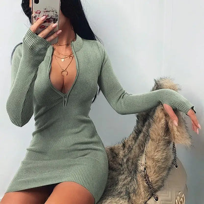 Women Half Zip Up Bodycon Party Dress Spring Autumn Long Sleeve Slim Rib Knitted Mini Dresses