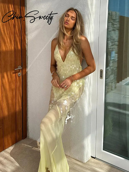 Sequins Halter Women Evening Dresses Sexy Patchwork Sleeveless Backless Deep V Neck Female Party Dress 2024 Euphoria Lady Robe