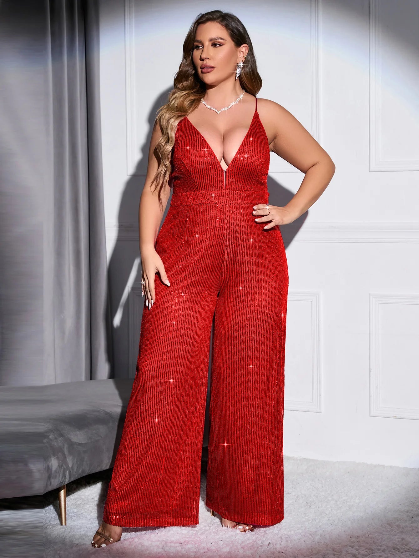 Cinemore  Chic and Elegant Women Jumpsuit Plus Size Sequin Wide Leg trousers Deep V Neck Sexy Cami dresses for Prom Bodysuit