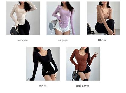 U-Neck Curved Long Sleeves Tight Waist Spring Slim-Fit Tight T-shirt