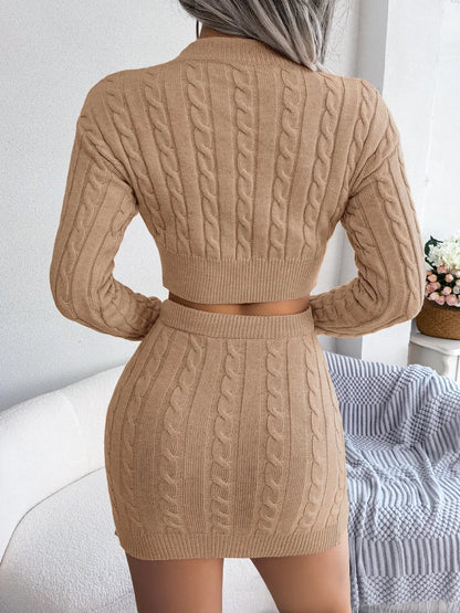 Women Clothes Set Twist Midriff-Baring Sweater Hip Mini Skirt Knitting Suit Solid Color